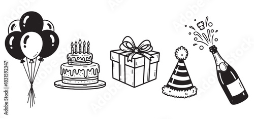 Collection of black and white party celebration icons including a birthday cake, balloons, a gift box, a festive hat, and a popping champagne bottle in a hand-drawn doodle style
