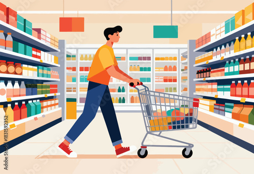 A person navigates a grocery store aisle, pushing a shopping cart filled with groceries. Shelves are stocked with food items