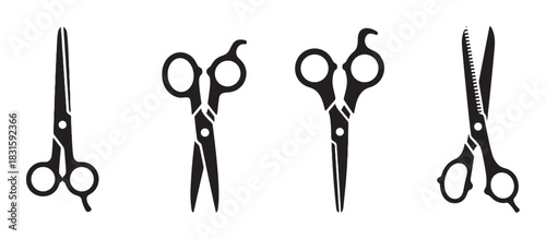 Four black professional hairdresser scissors icons set including standard cutting shears and thinning shears in a minimalist graphic style for a barbershop or beauty salon