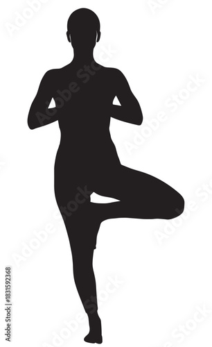 Black silhouette of a woman practicing yoga in a tree pose, a Vrikshasana asana for balance and wellness, showing a calm and focused spiritual exercise in a simple vector illustration