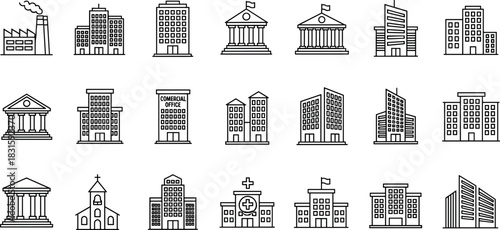Comprehensive City Building Icon Set, Commercial, Institutional, and Religious Architecture, Urban Townscape Line Art Collection, Real Estate and Public Service Vector.