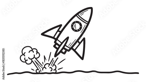 Hand-drawn black and white rocket ship launching from the ground with a puff of smoke, a simple doodle illustration symbolizing a startup, innovation, and progress