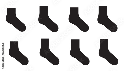 Black ankle sock silhouette icons arranged in a neat grid pattern for a minimalist clothing or apparel concept, presented as a simple graphic vector illustration