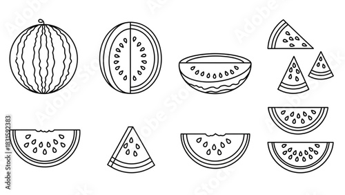 Watermelon Line Art Collection Fresh Fruit Icons for Summer Designs