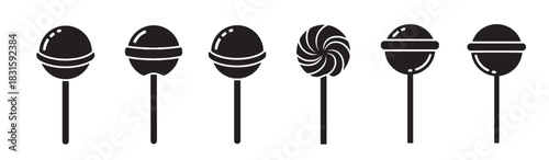 Set of six black lollipop icons with different shapes and patterns, including a classic swirl design, presented as a minimalist vector graphic collection for various design elements