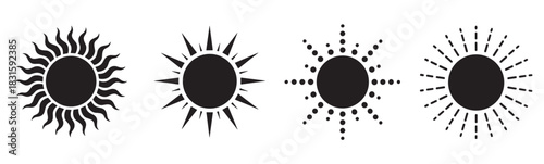 Four black sun icons in a set showing different stylized ray designs including wavy, spiky, dotted, and dashed lines, presented as a minimalist graphic vector illustration collection