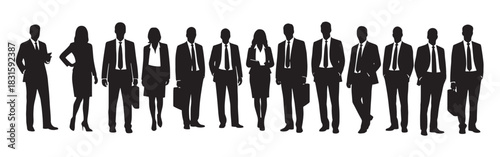 Group of business people silhouettes standing in a row as a professional team, a vector illustration of a corporate workforce with men and women in formal suits