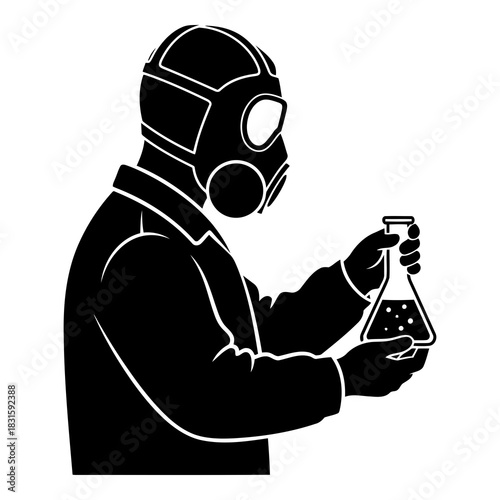 Scientist in gas mask holds chemical flask, working with hazardous substances isolated on white background, Vector