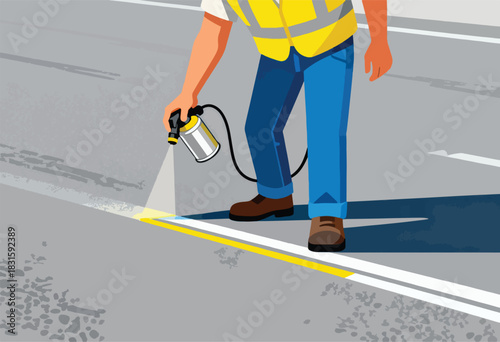 An individual in a yellow vest paints a yellow line on a road, a spray can in hand