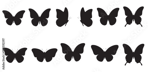 Collection of twelve black butterfly silhouettes showing various species and wing positions in a simple, graphic vector style for design and decorative elements