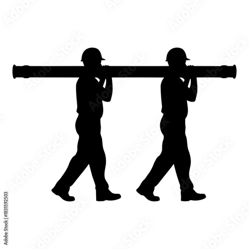 Silhouette of two construction workers carrying a pipe, depicting shared labor isolated on white background, Vector