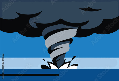 A stylized illustration of a storm with dark clouds, a swirling tornado, and splashing waves