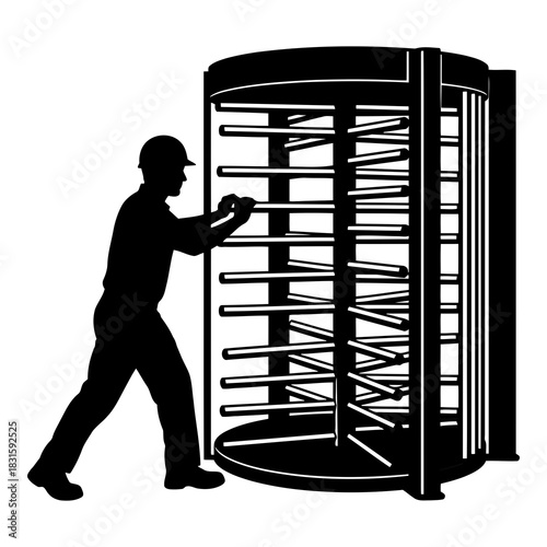 Security worker pushing revolving turnstile, access control entrance system isolated on white background, Vector