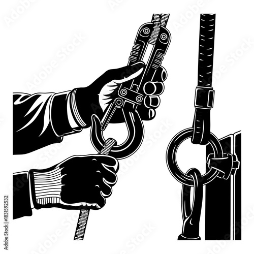 Gloved hands securing a heavy-duty hook to a metal ring with a strong strap isolated on white background, Vector