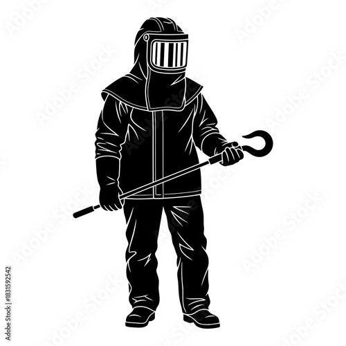 Industrial worker in full protective suit holding a long hook tool for safety isolated on white background, Vector