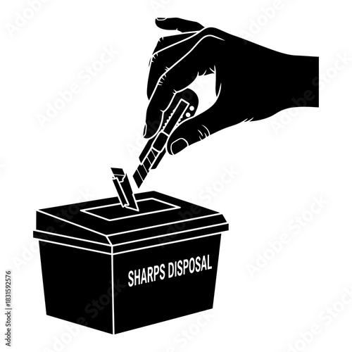 Hand disposing medical sharps into a dedicated healthcare waste container isolated on white background, Vector