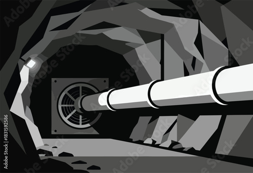 A stark, grayscale illustration of a tunnel with a large pipe, a fan, and an overhead light