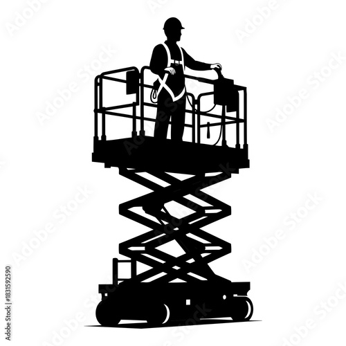 Worker on scissor lift silhouette with safety harness for construction jobs isolated on white background, Vector