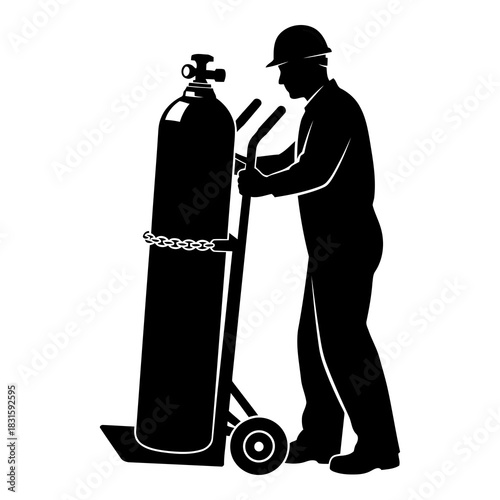 Worker safely transporting industrial gas cylinder with a hand truck icon isolated on white background, Vector