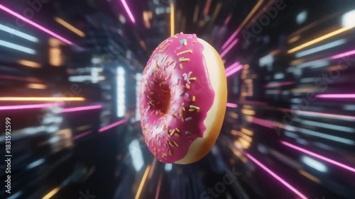 Delicious donut with pink frosting and sprinkles in a dynamic, colorful, and blurred abstract background
