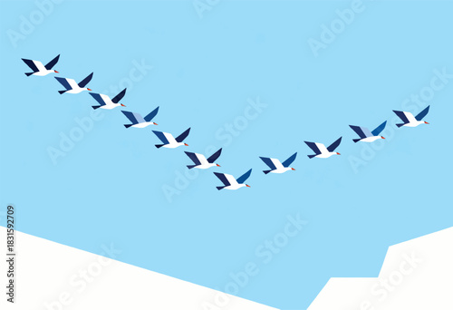A flock of stylized birds in formation, flying against a gradient blue sky, simple geometric design