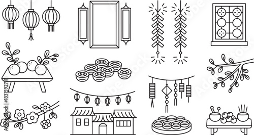 Illustrative outline design set depicting lunar new year festival celebrations