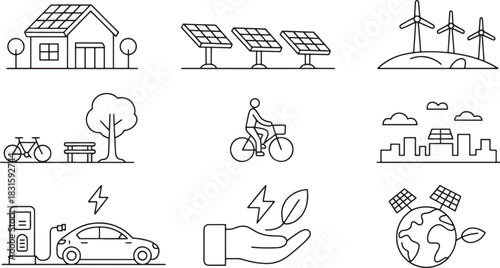 Line art for ecology and green energy sources like solar and wind illustration in background