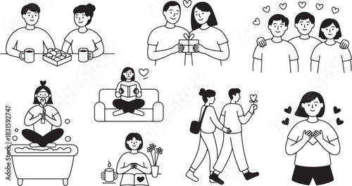 Line art for couples enjoying simple pleasures and showing affection in isolated background