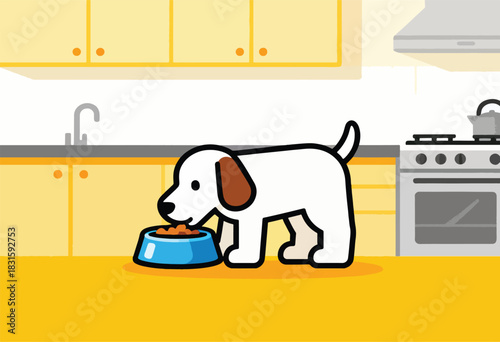 A cartoon dog eats from a blue bowl in a kitchen. Cabinets, sink, oven, and vent are visible