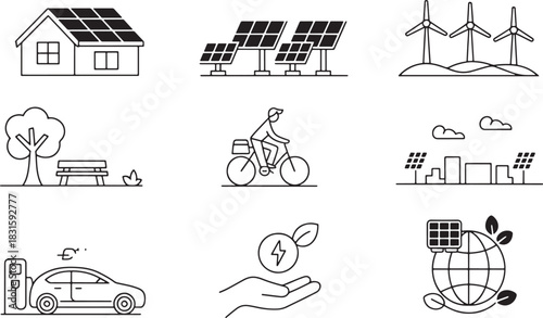 Line art for green energy and eco friendly sources of power in isolated background