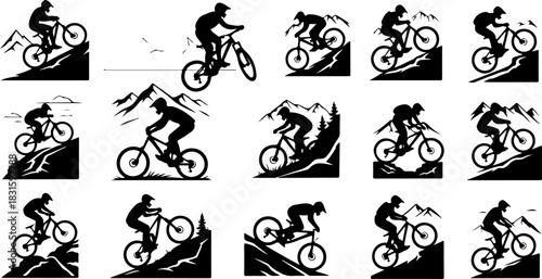 Cycling Rider Silhouette Icon Set – Bicycle Sport Action Poses