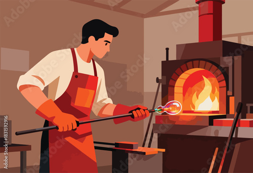 A glassblower in a workshop pulls molten glass from a furnace with a blowpipe