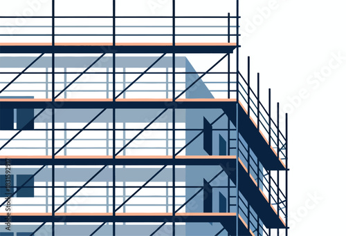 An architectural illustration showcases a partially visible building with scaffolding. Minimalist and geometric