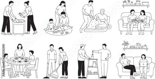 Line drawing illustrations of family doing chores and spending time together