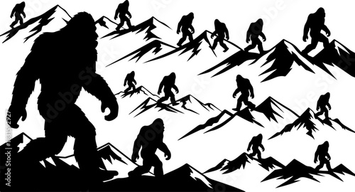 Bigfoot Silhouette Collection – Sasquatch Walking Forest Mountain Black Vector Set