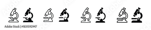 Outline and Filled Microscope Graphics, Scientific Instrument Icons, Microscope Icon Set, vector, illustration, silhouette.