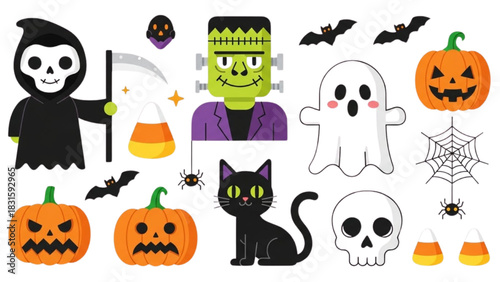 Cute Halloween characters, spooky icons, and festive symbols for your design