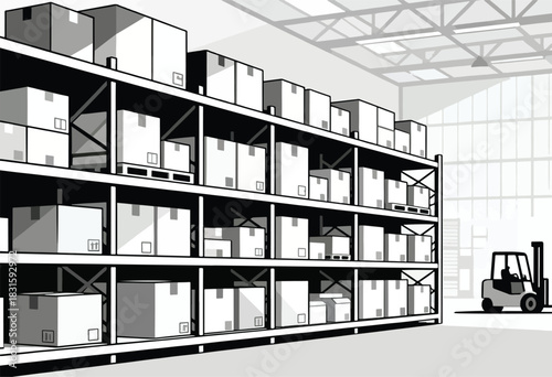 Warehouse interior sketch with rows of stacked boxes, shelving, and a forklift in a monochrome color scheme
