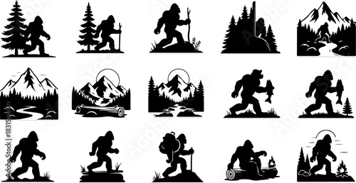 Bigfoot Silhouette Collection – Sasquatch Walking Forest Mountain Black Vector Set
