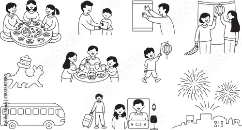 Line drawing illustrations of family reunion dinner during chinese new year