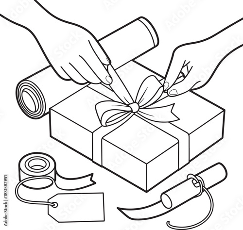Line drawing illustrations of hands wrapping gift box with ribbon and tag