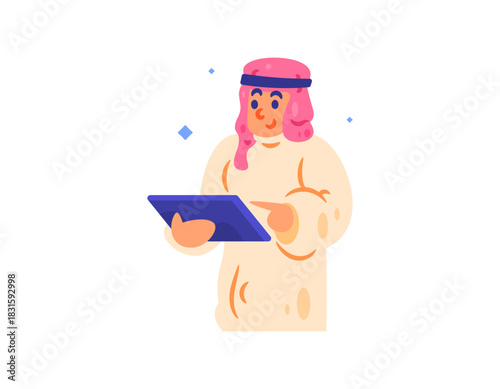 An illustration of an Arab man using a tablet. An Arab businessman or entrepreneur wearing a robe and turban. Arabian people. Flat style character design. White background.
