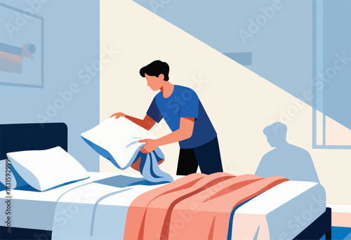 A figure makes a bed in a light-filled room with shadows. The bed is neat, and a picture hangs on the wall