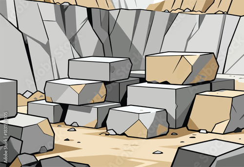 Stylized illustration of a rock quarry featuring cut blocks of stone, a sandy floor and a rocky backdrop