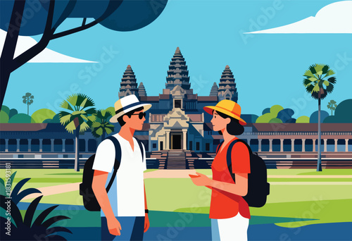 Illustration of two travelers in front of ancient temple under a blue sky. Palms and green trees decorate