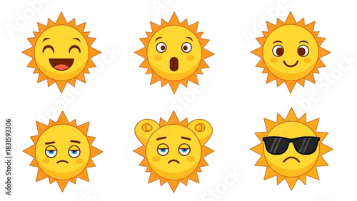 Set of six cute sun emojis with different facial expressions and emotions