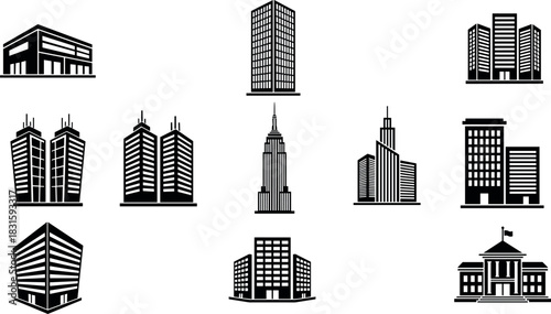 Modern Skyscraper Silhouette Set, High-Rise City Building Icons, Urban Architecture Collection Vector, Corporate Tower and Commercial District Graphic, Downtown Cityscape Design.