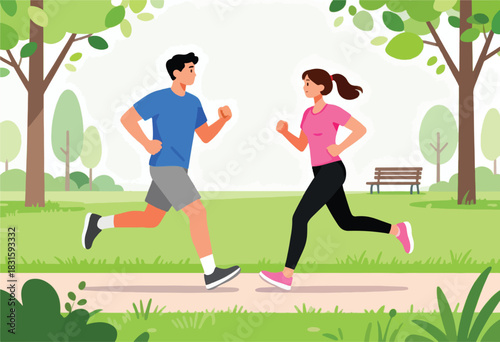 A couple jogging together on a park path, trees and a bench in the background, illustrated style