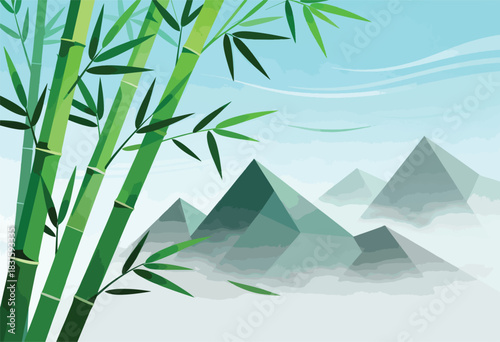 An abstract illustration features bamboo stalks and leaves set against a misty mountain range