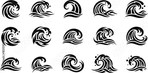 Ocean waves collection. Sea storm wave isolated. Waves, water elements set. Nature wave water storm linear style illustration